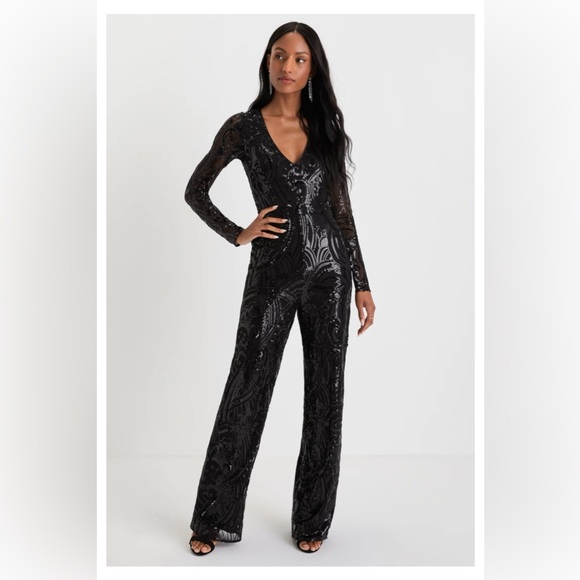 Lulus Pants - Glamorous Black Sequin Jumpsuit with Long Sleeves and Plunging Neckline